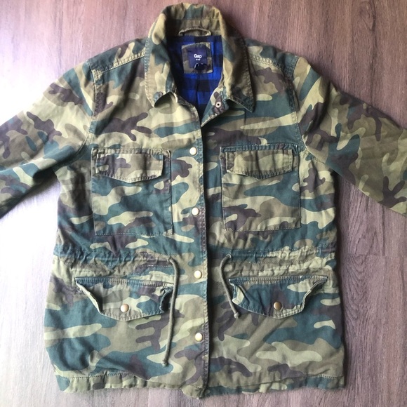 Gap Camo Utility Military Jacket Women’s L Army Green Flannel Lined Snap Closure - Picture 2 of 8